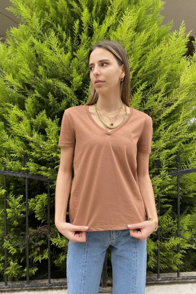 Kadın V Yaka Basic T-Shirt