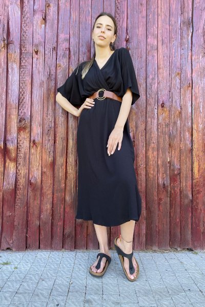 Kruvaze Kemerli Elbise