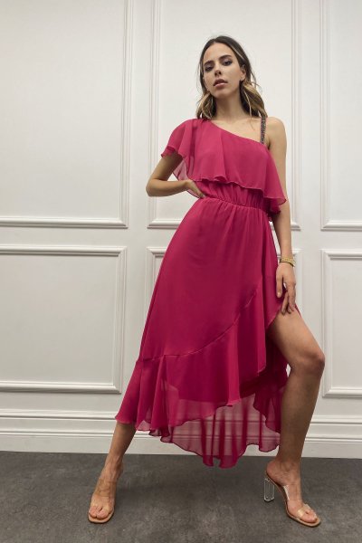 Tek Kol Taşlı Şifon Elbise