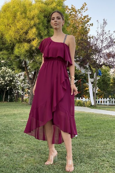 Tek Kol Taşlı Şifon Elbise