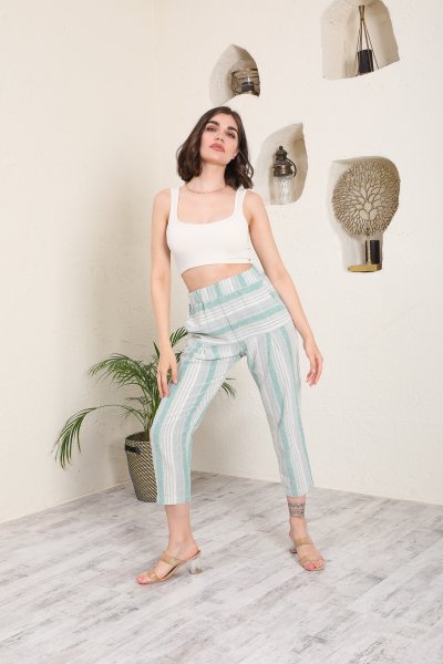 Çizgili Keten Pantolon