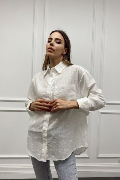 Papatya İşli Oversize Keten Gömlek