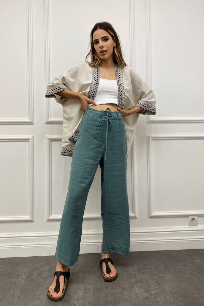 Beli Bağcıklı Keten Pantolon