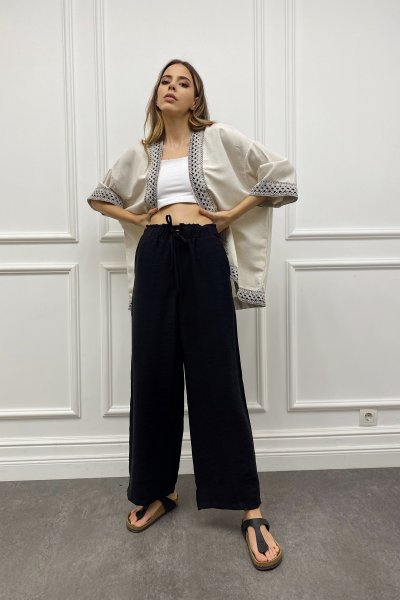 Beli Bağcıklı Keten Pantolon