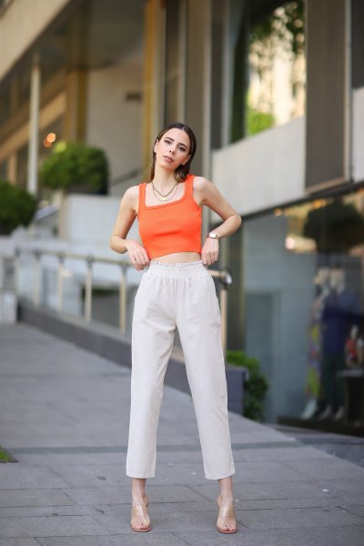 Yüksel Bel Beli Lastikli Keten Pantolon