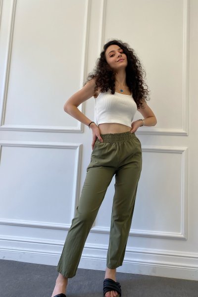 Yüksel Bel Beli Lastikli Keten Pantolon