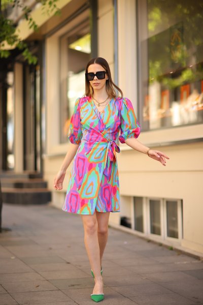 Geometrik Desenli Turuvakal Kol Elbise