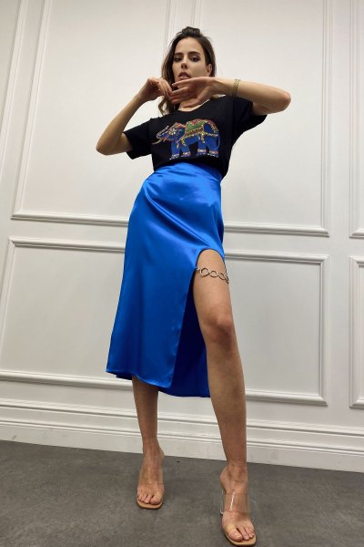 Zincirli Saten Midi Etek