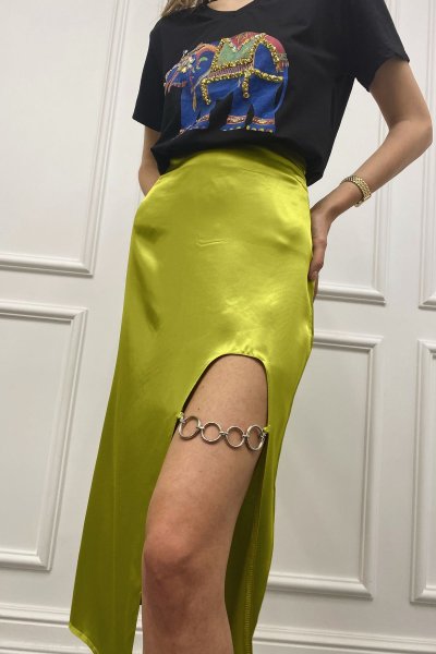 Zincirli Saten Midi Etek