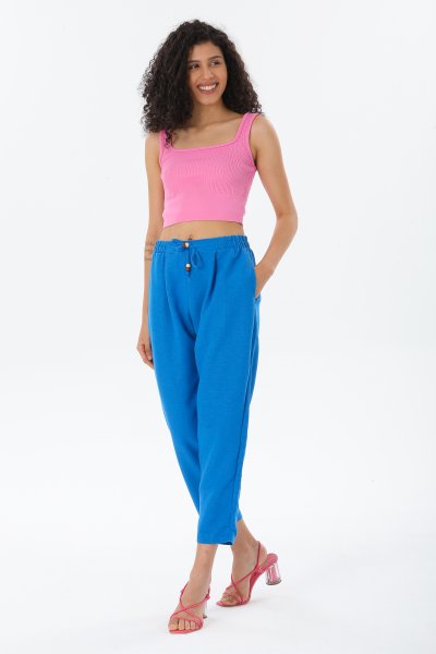 Beli Lastikli Boncuk Bağıcıklı Keten Pantoloon