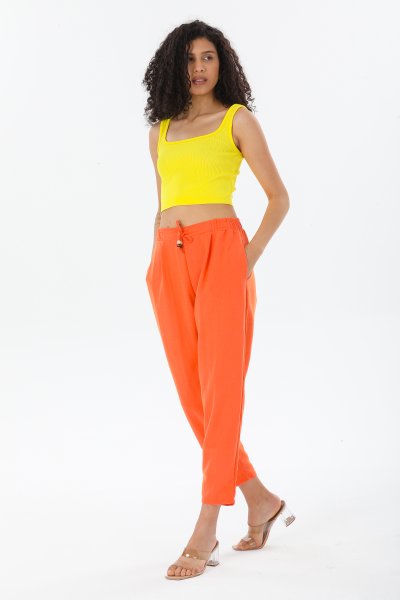 Beli Lastikli Boncuk Bağıcıklı Keten Pantoloon