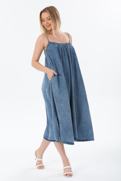 İp Askılı Yakası Lastikli Yumuşak Kot Elbise