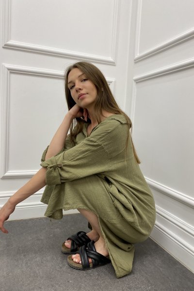 Cep Detaylı Keten Bohem Elbise