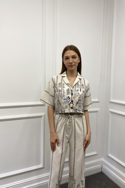 Etnik Desen Crop-Pantolon Takım