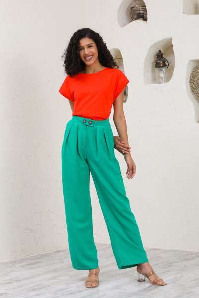 Kemik Düğmeli Keten Viskon Pantolon