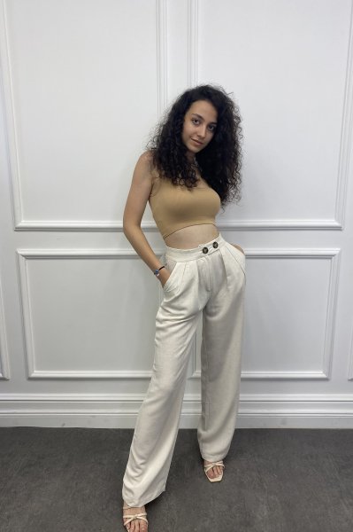 Kemik Düğmeli Keten Viskon Pantolon