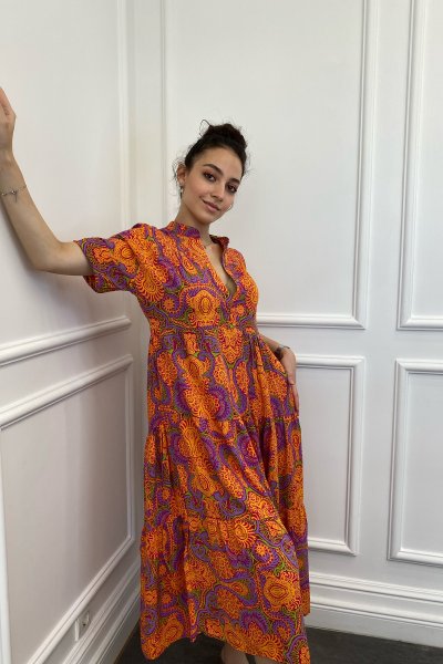 V Yaka Desenli Bohem Elbise