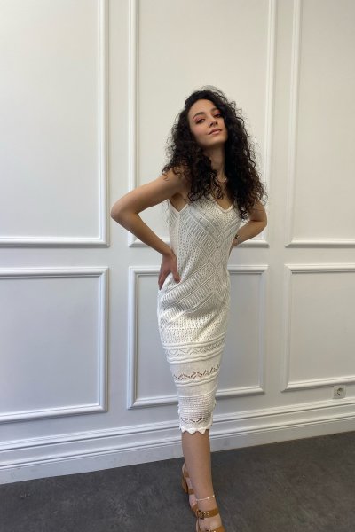Askılı Ajur Desenli Triko Elbise
