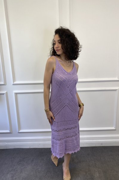 Askılı Ajur Desenli Triko Elbise