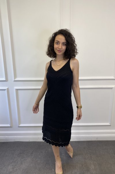 Askılı Ajur Desenli Triko Elbise