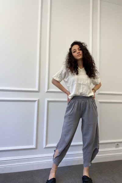 File Detaylı Keten Pantolon