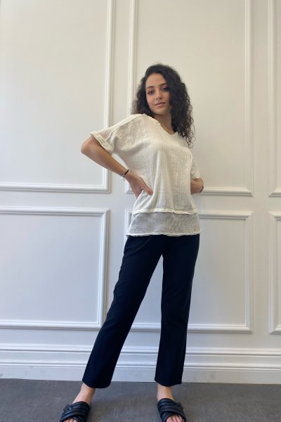 File Detaylı Keten Bluz