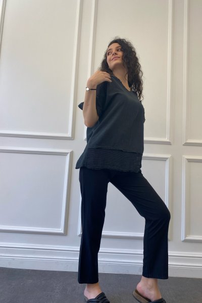 File Detaylı Keten Bluz