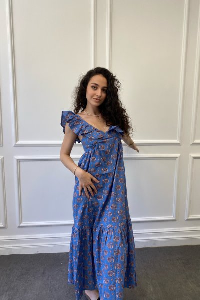 V Yaka Fırfılı Çiçek Desen Elbise