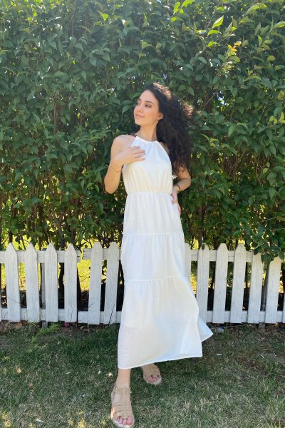 Boncuk Detaylı Sıfır Kol Elbise