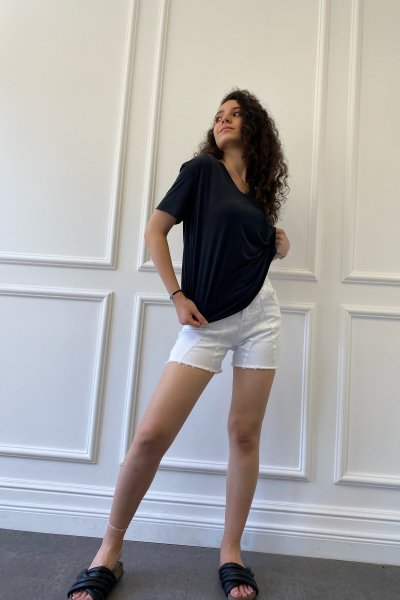 V Yaka Tensel Kumaş Tişört