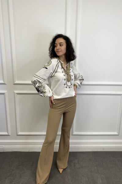 Etnik Nakışlı  Keten Bluz