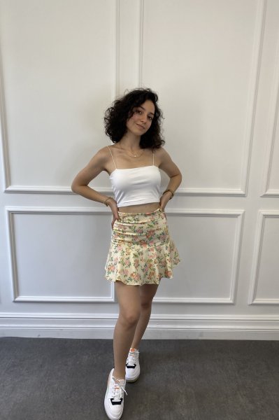 Bel Detaylı Çiçek Desenli Astarlı Etek