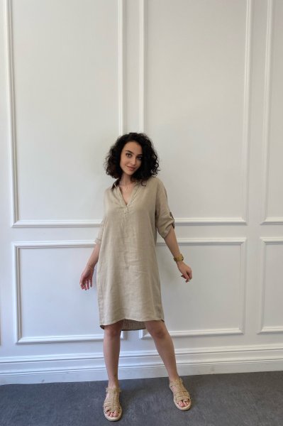 Gömlek Yaka Keten Elbise
