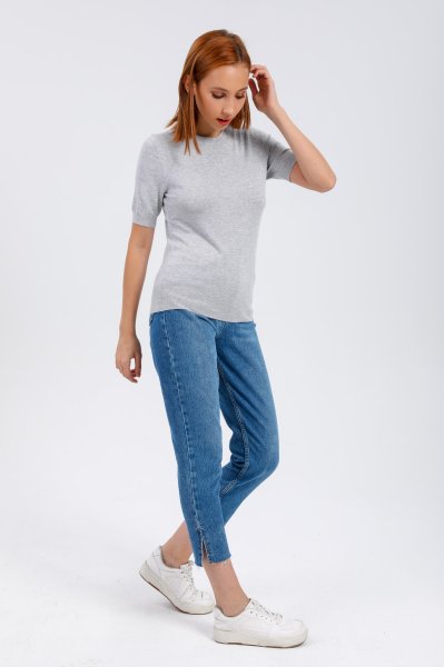 Kadın Bisiklet Yaka Arkası Düğmeli Kısa Kol Kazak