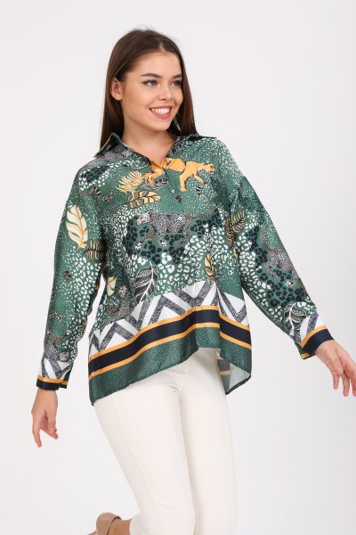 Oversize Desenli Saten Gömlek