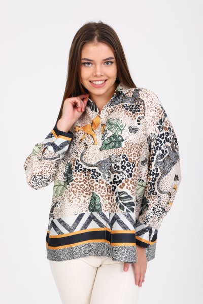 Oversize Desenli Saten Gömlek