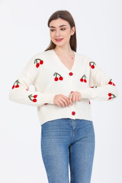 Kiraz İşlemeli Selanik Hırka