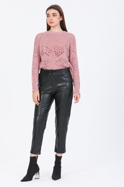 Dizden Parçalı Bağcıklı Deri Pantolon