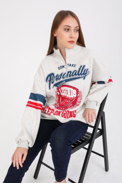 Yaka Fermuarlı Baskılı Sweat