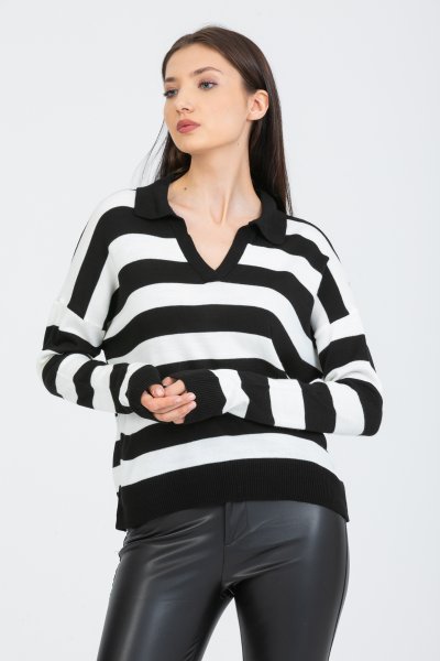 Polo Yaka Kalın Çizgili Kazak