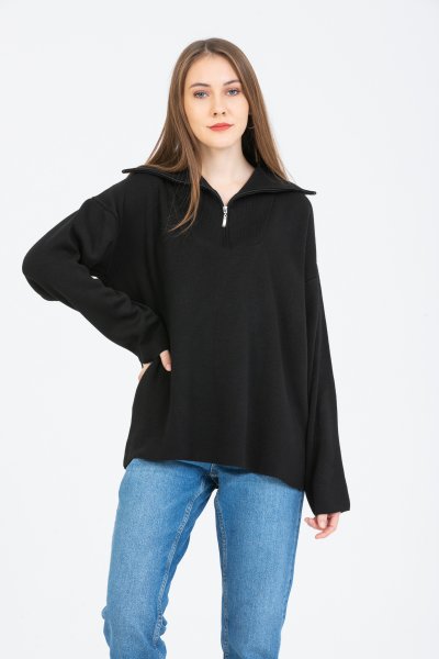 Fermuarlı Yaka Detaylı Triko Kazak