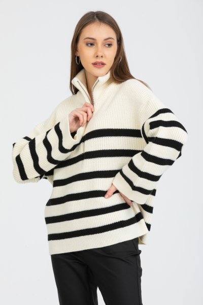 Yarım Balıkçı Fermuarlı Çizgili Kazak