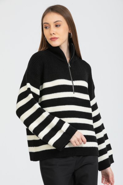 Yarım Balıkçı Fermuarlı Çizgili Kazak