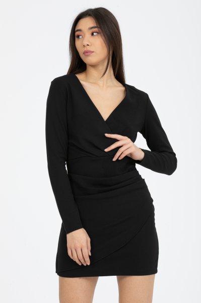 Kruvaze Yaka Etek Detaylı Elbise