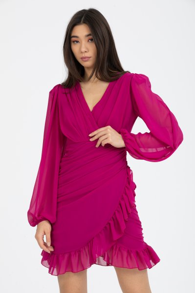 Kruvaze Etekleri Büzgülü Elbise