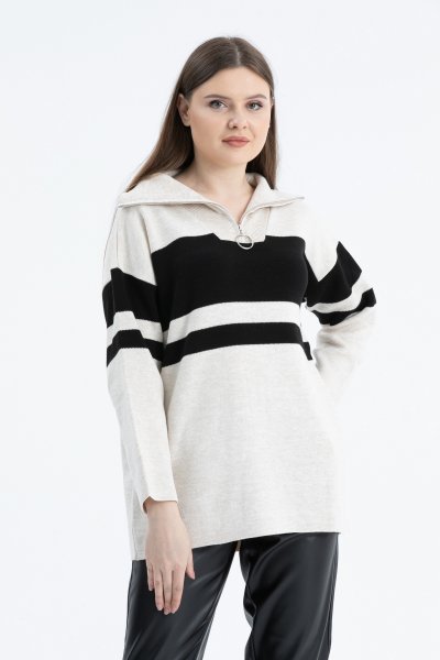 Yaka Fermuarlı Kalın Çizgili Kazak