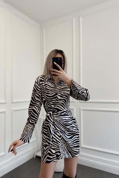Zebra Desen Saten Bağlamalı Elbise