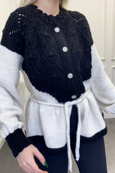 Taş Düğmeli Çift Renk Hırka