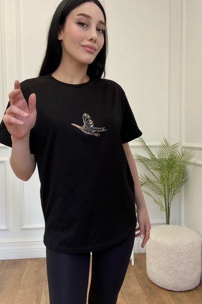 Önü Taşlı Kuş Figürlü Tişört