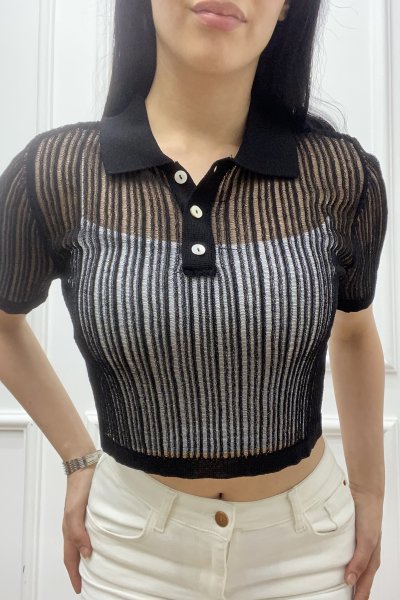 Kadın Polo Yaka Düğmeli Kısa Kol Kazak